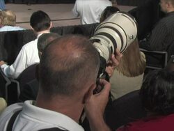 July 2, 2009 CU Press photographer at President Obama's healthcare reform townhall meeting / Annandale, Virginia  Stock Footage