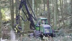 A forwarder, a specialist logging machine cutting down timber in Grizedale Forest, Lake District, Cumbria, UK. Stock Footage