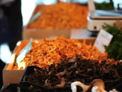 CU Couple buying mushrooms at market stall  Stock Footage
