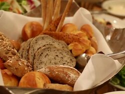 Salad Food and bread waiting for wedding ceremony, dolly shot Stock Footage