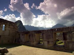 Scenic shots of structures at Machu Picchu, mountains in the background. Close-up of stones. Stock Footage