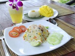 CU Shot of Fried Rice with Shrimps, typical Thai Food / Island Ko Lanta, Krabi Province, Thailand Stock Footage