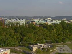 WS AERIAL View of Blue Cross Blue Shield of Tennessee office buildings / Chattanooga, Tennessee, United States  Stock Footage