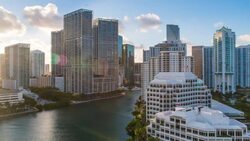 View from Brickell Key, a small island covered in apartment towers, towards the Miami skyline, Miami, Florida, USA - Time lapse Stock Footage