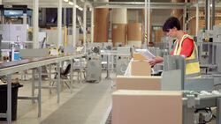 Worker inspecting cardboard boxes on production line in factory Stock Footage