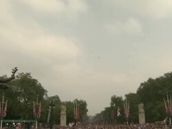 ATMOSPHERE: RAF Typhoon and Tornado fly-past at the Royal Wedding Procession: The Mall (South End) at London England. (Footage by WireImage Video/GettyImages) Stock Footage