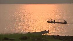 Three men in a boat travel down river at sunset Stock Footage