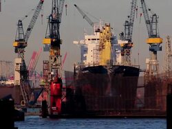 MS View of container terminal in river Elbe / Hamburg, Hamburg, Germany Stock Footage
