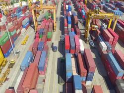 Aerial View of Industrial port with containers Stock Footage