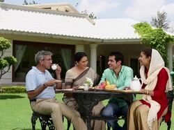 Family eating breakfast in the lawn, Delhi, India Stock Footage