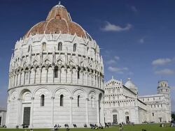 MS TD Cathedral santa maria assunta with leaning tower of Pisa and baptistery at piazza dei miracoli and UNESCO World Heritage / Pisa, Tuscany, Italy Stock Footage