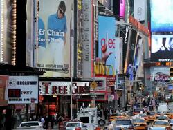 Times Square New York with billboards neon lights and Illuminated signs, Manhattan, North America, USA Stock Footage