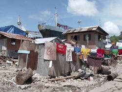 Typhoon Haiyan Huge Ship Washed Ashore By Storm Surge Stock Footage