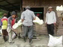 MS Miners weighting the sulfur they collected at the Ijen volcano / Ijen, Java, Indonesia Stock Footage