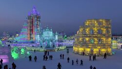 Spectacular illuminated ice sculptures at the Harbin Ice and Snow Festival in Heilongjiang Province, Harbin,  China Stock Footage