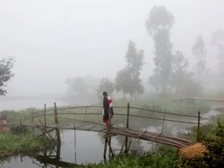WS View of Local male walking across foot bridge in morning mist loktak lake /  Manipur, India Stock Footage