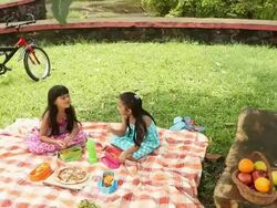Four kids eating food in a park  Stock Footage