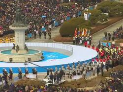 MS Shot of Soldiers doing parade for Ceremony of New President at National Assembly / Seoul, Seoul, South Korea Stock Footage