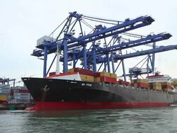 Shipyard working loading container cargo freight ship at sea Stock Footage