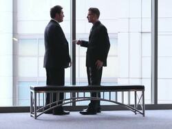  WS Business associates meeting in lobby and talking / Seattle, Washington, United States Stock Footage