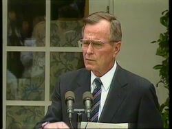 June 16, 1992 FILM MONTAGE MS Russian president Boris Yeltsin at podium during summit/ President George H.W. Bush speaking - 'The Cold War days are over.'/ Washington DC/ AUDIO Stock Footage