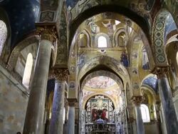Martorana (Santa Maria dell'Ammiraglio) church, view of the nave and the ceiling with mosaics and paintings, Palermo, Sicily Stock Footage