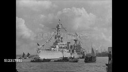 1939: U.S. NAVY IN CHINA: VS Japanese men reading news bulletins on street. WS U.S. battleships in harbor. VS Admiral Harry E. Yarnell (1875-1959) (unconfirmed) on deck. HA WS Sailors sitting on ship cannons w/ US flag. Instructional Video