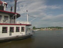 MS POV Steam boat moving in Hannibal Mississippi river / Hannibal, Missouri, United States Stock Footage