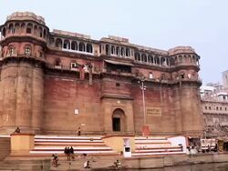 MS View of buildings at Bhonsale Ghat near Ganges River / Varanasi, Uttar Pradesh, India Stock Footage
