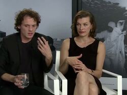 INTERVIEW - Anton Yelchin, Milla Jovovich family dynamics and relationship between the characters at 'Cymbeline' interviews - 71st Venice International Film Festival Stock Footage