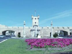 WS View of old city Gate / Cadiz, Andalusia, Spain   Stock Footage
