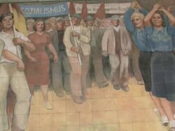  CU Old wall paintings of German Democratic Republic at German ministry of finance and Leipziger Strasse street / Berlin, Germany Stock Footage