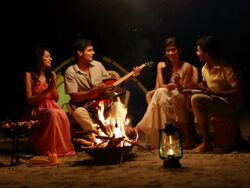 Family enjoying music at campfire  Stock Footage