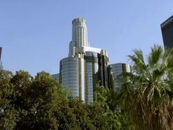 Slow motion pan looking up at sky scrapers in Los Angeles. Stock Footage
