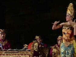 MS PAN Balinese girl dancer is performing Oleg Tamulilingan Dance ( Love story ) in Puri Saraswati temple AUDIO / Ubud, Bali, Indonesia, Asia Stock Footage