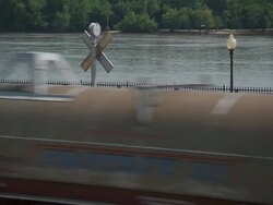 WS PAN View of cargo train at mississippi River / Rock Island, Illinois, United States Stock Footage