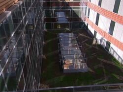 Solar panels cover both sides of a building. Stock Footage