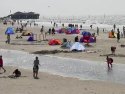 WS Shot of people activity at beach, North Sea North Frisia, / St. Peter Ording, Schleswig Holstein, Germany Stock Footage