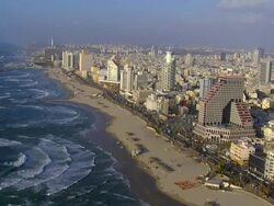 Aerial shot of Tel Aviv's coastline & Marina, Israel Stock Footage