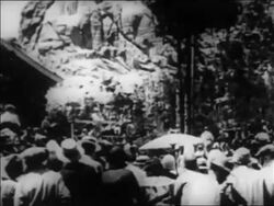 B/W 1930s crowd gathered to watch progress of construction of Mt. Rushmore / South Dakota / newsreel Stock Footage