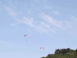 Four paragliding flying in the sky Stock Footage
