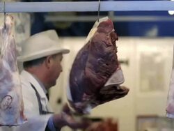 UK butcher's shop John F Pritchard's in the Minster Town of Southwell, Nottinghamshire on March 5, 2013. Stock Footage