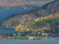 WS ARIEAL View of Establish houses at Moosehead lake bank / Maine, United States Stock Footage