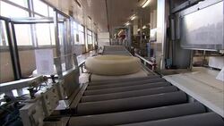 Conveyors push cheese toward a slicing machine at a food-processing plant in Bern, Switzerland. Stock Footage