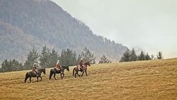 Cowgirl riding horse up the mountain along two cowboys Stock Footage