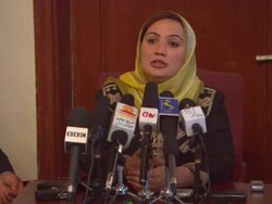 MS Shukria Barakzai speaking in an Afghan language in front of press AUDIO / Kabul, Kabul Province, Afghanistan Stock Footage