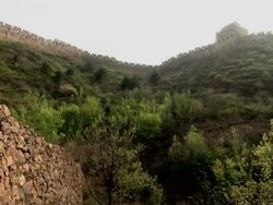 The Great Wall of China on a hillside with very green trees and shrubbery. Stock Footage