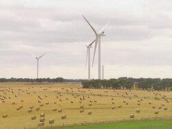 WS AERIAL View of windmill farm / Macarthur, Victoria, Australia Stock Footage