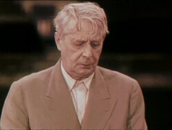 1956 Close up Boston Symphony Orchestra conductor Charles Munch blinking and nodding/ Munch starting to conduct orchestra with baton/ AUDIO Stock Footage