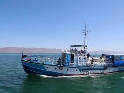 Sevan lake, ship sailing in the lake Stock Footage